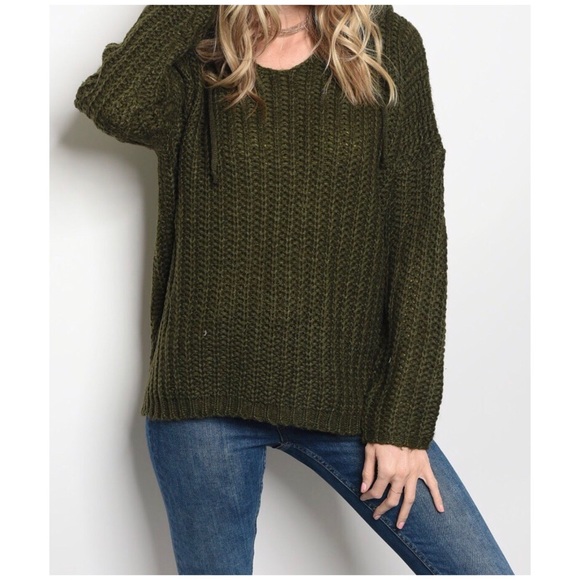January Summer Sweaters - OLIVE CHUNKY KNIT HOODIE SWEATER